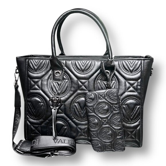 Valentino Orlandi Black Quilted Tote Bag w/ Pouch Italy Shoulder Crossbody NWT - Picture 1 of 10